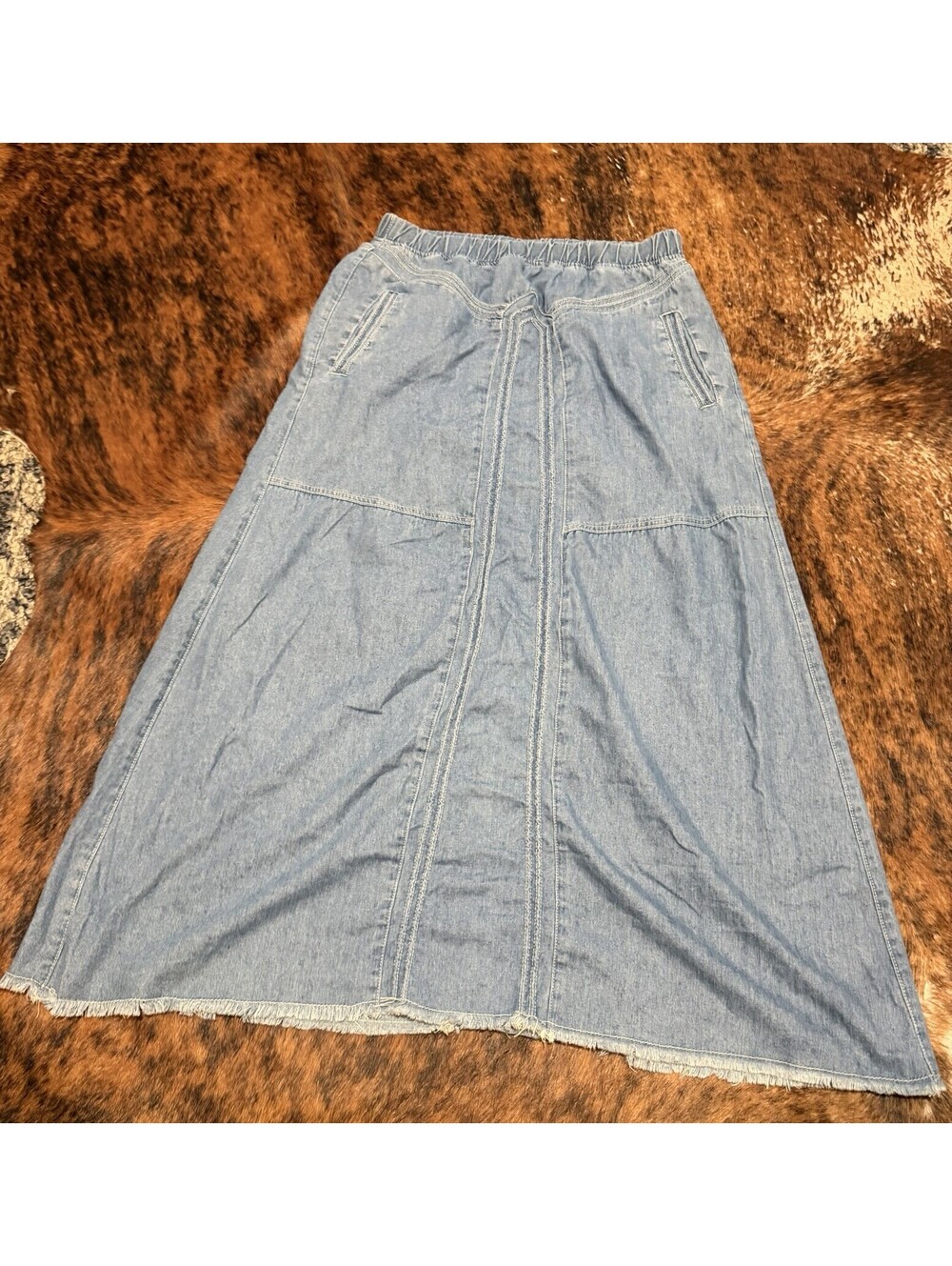 Ebossy Denim Western Maxi Skirt Blue Elastic Waist Raw Hem Pockets Panels XL